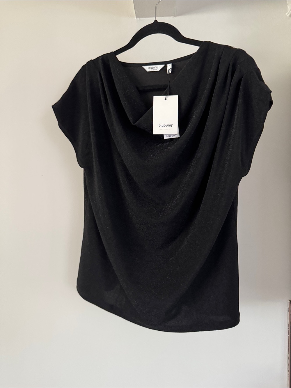 b.young Black Draped Cowl Neck Short Sleeve Blouse
